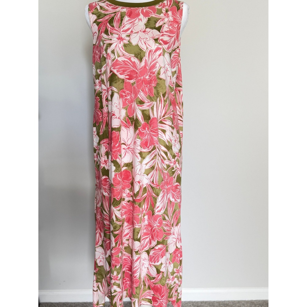 Cuddl Duds Pink Olive Green Floral Sleeveless Maxi Dress‎ with Pockets XS